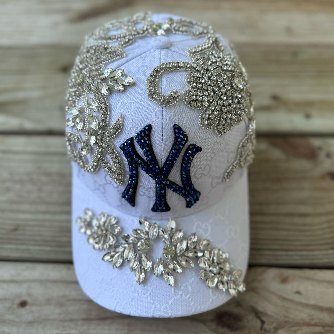 Custom Beaded Silver Crystal Applique White New York Hat - Rebel P Customs