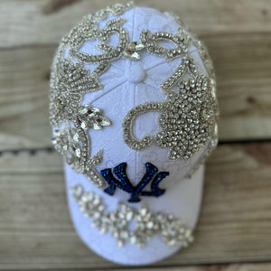 Custom Beaded Silver Crystal Applique White New York Hat - Rebel P Customs