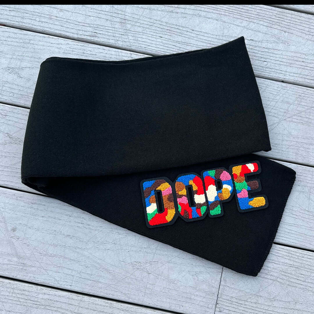 Chenille Patched Dope Black Knit Scarf - Rebel P Customs