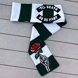 Chenille Patched Till Death/Rose Rugby Striped Knit Scarf - Rebel P Customs