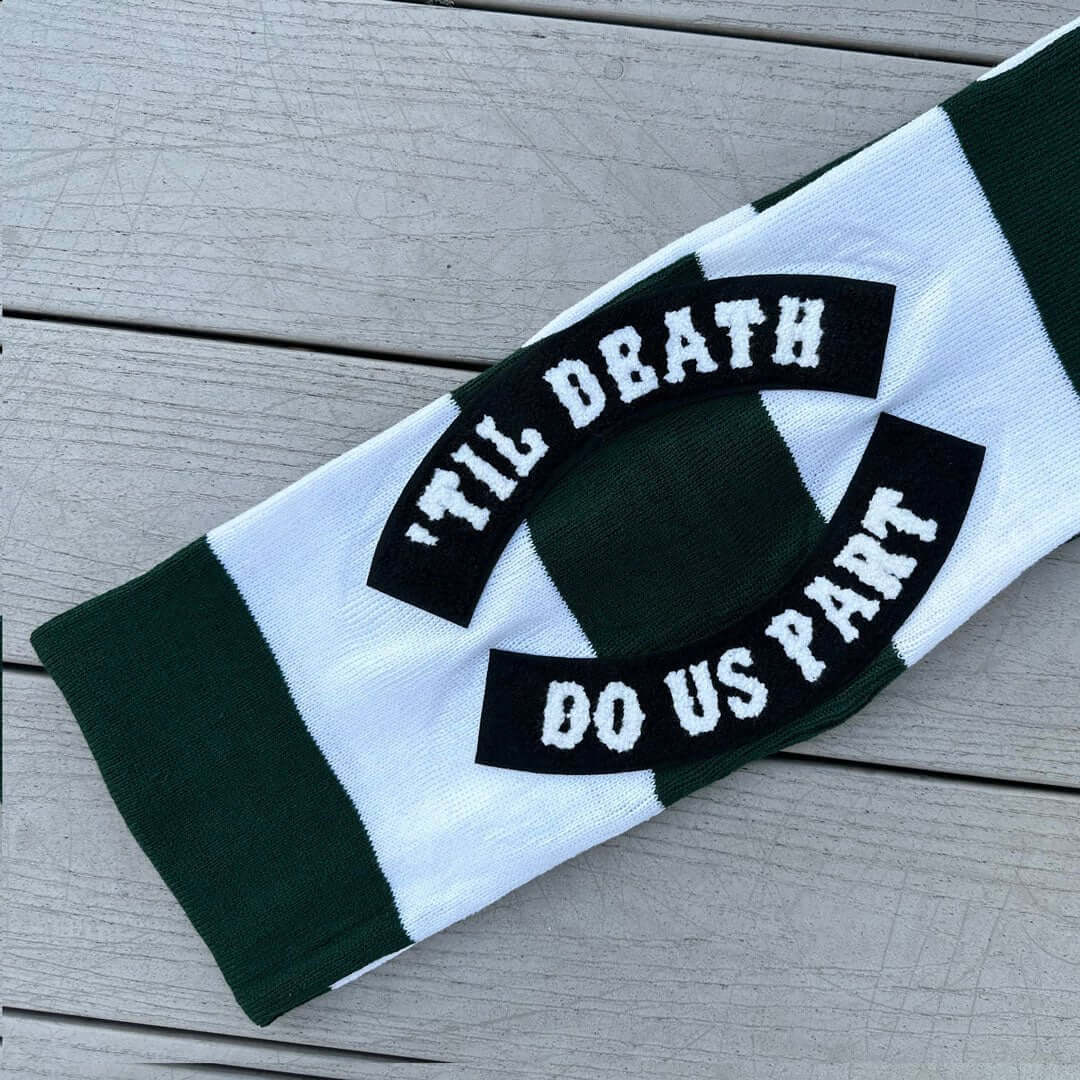 Chenille Patched Till Death/Rose Rugby Striped Knit Scarf - Rebel P Customs