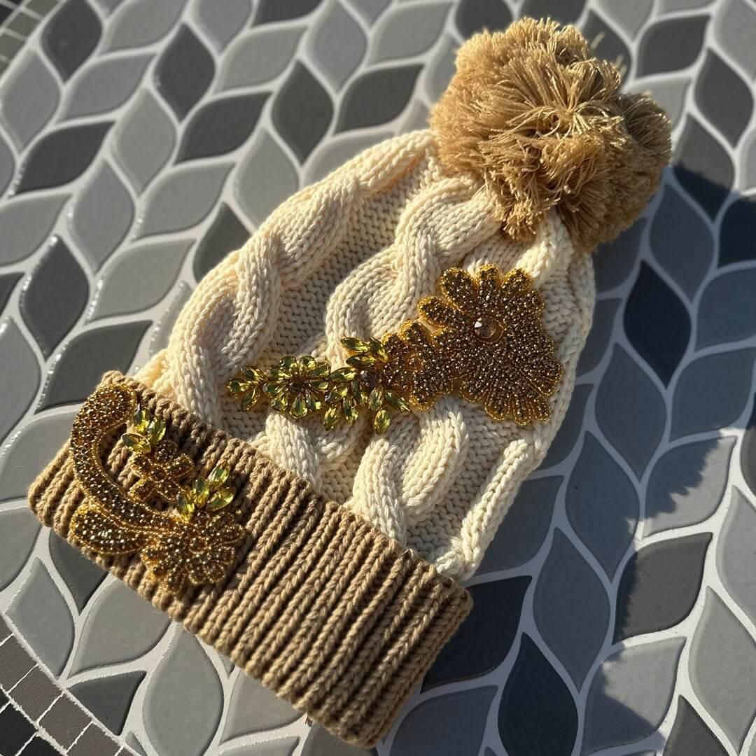 Custom Beaded Gold Crystal Applique Cable Pom Knitted Hat