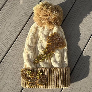 Custom Beaded Gold Crystal Applique Cable Pom Knitted Hat - Rebel P Customs