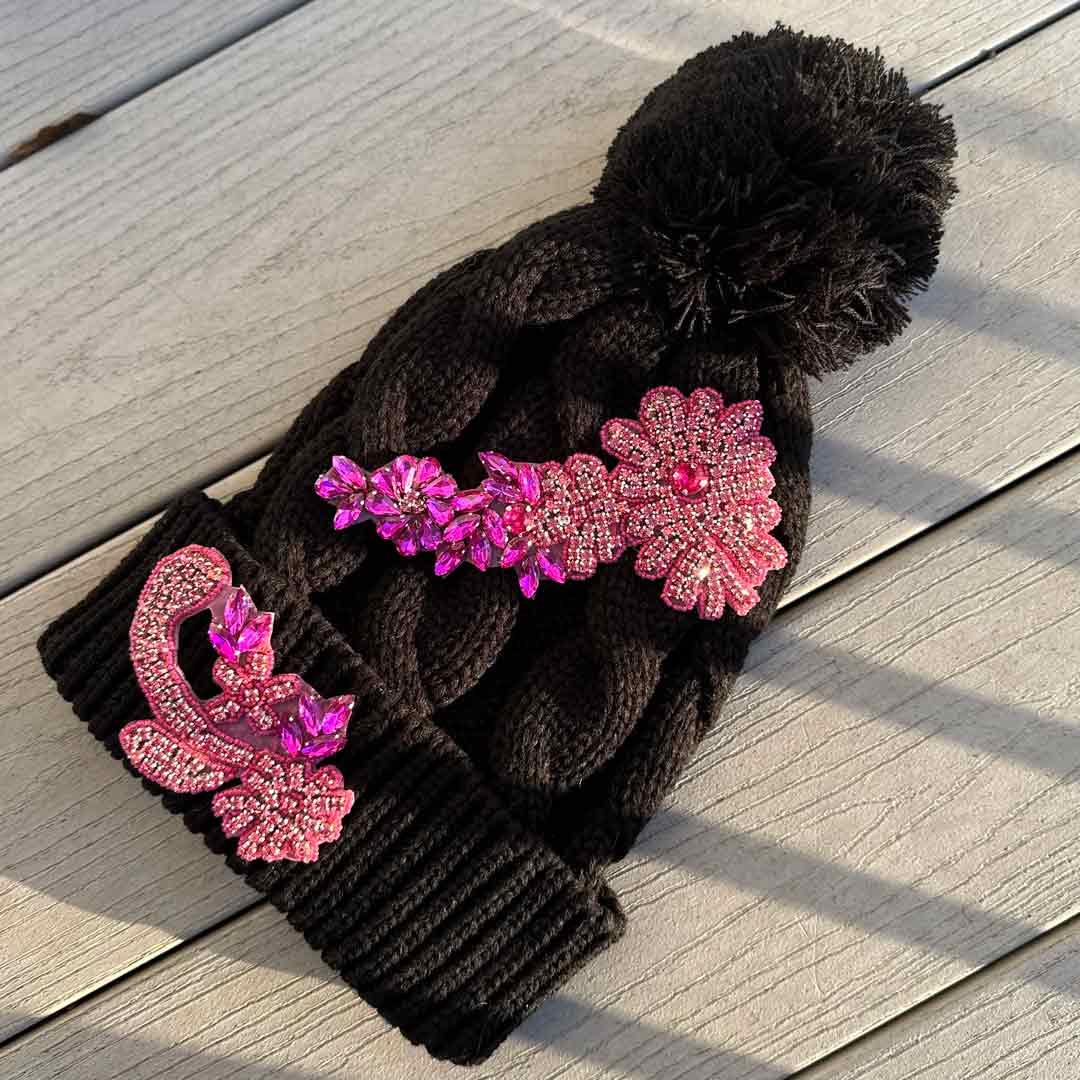 Custom Beaded Pink Crystal Applique Cable Pom Knitted Hat - Rebel P Customs