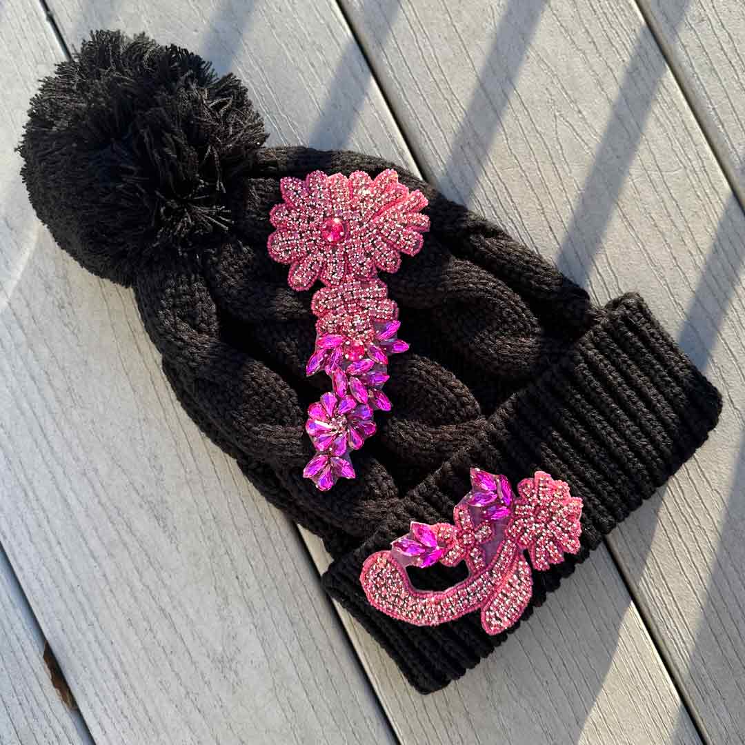 Custom Beaded Pink Crystal Applique Cable Pom Knitted Hat - Rebel P Customs