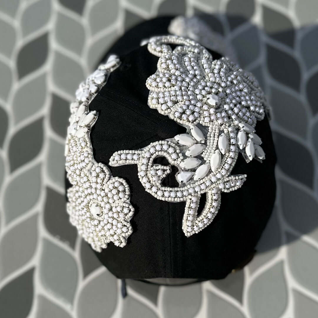Custom Beaded White Crystal Applique Bling Hat - Rebel P Customs