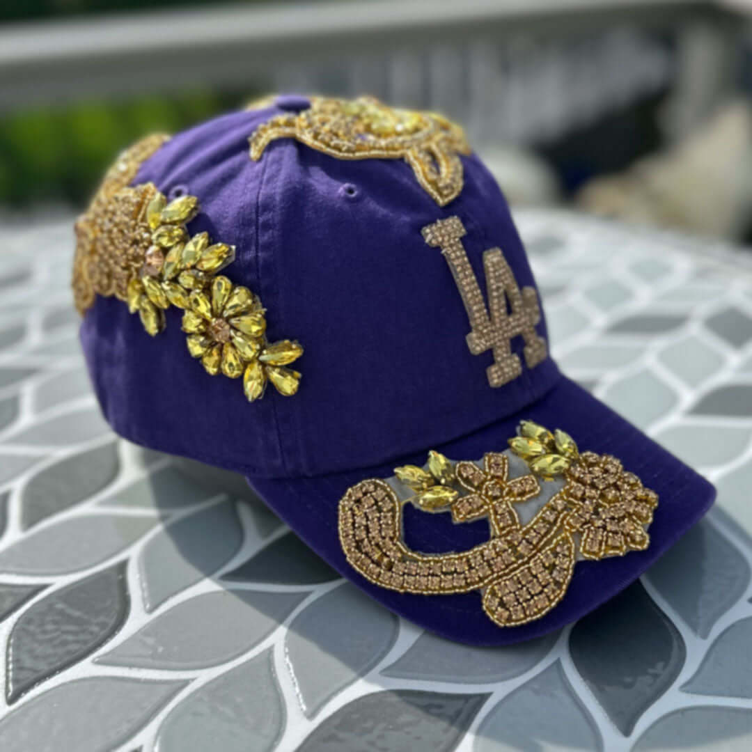 Custom Beaded Gold Crystal Applique LA Hat