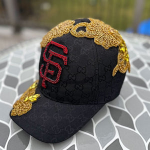 Limited Edition Custom Gold Beaded Crystal Applique Bling SF Hat - Rebel P Customs