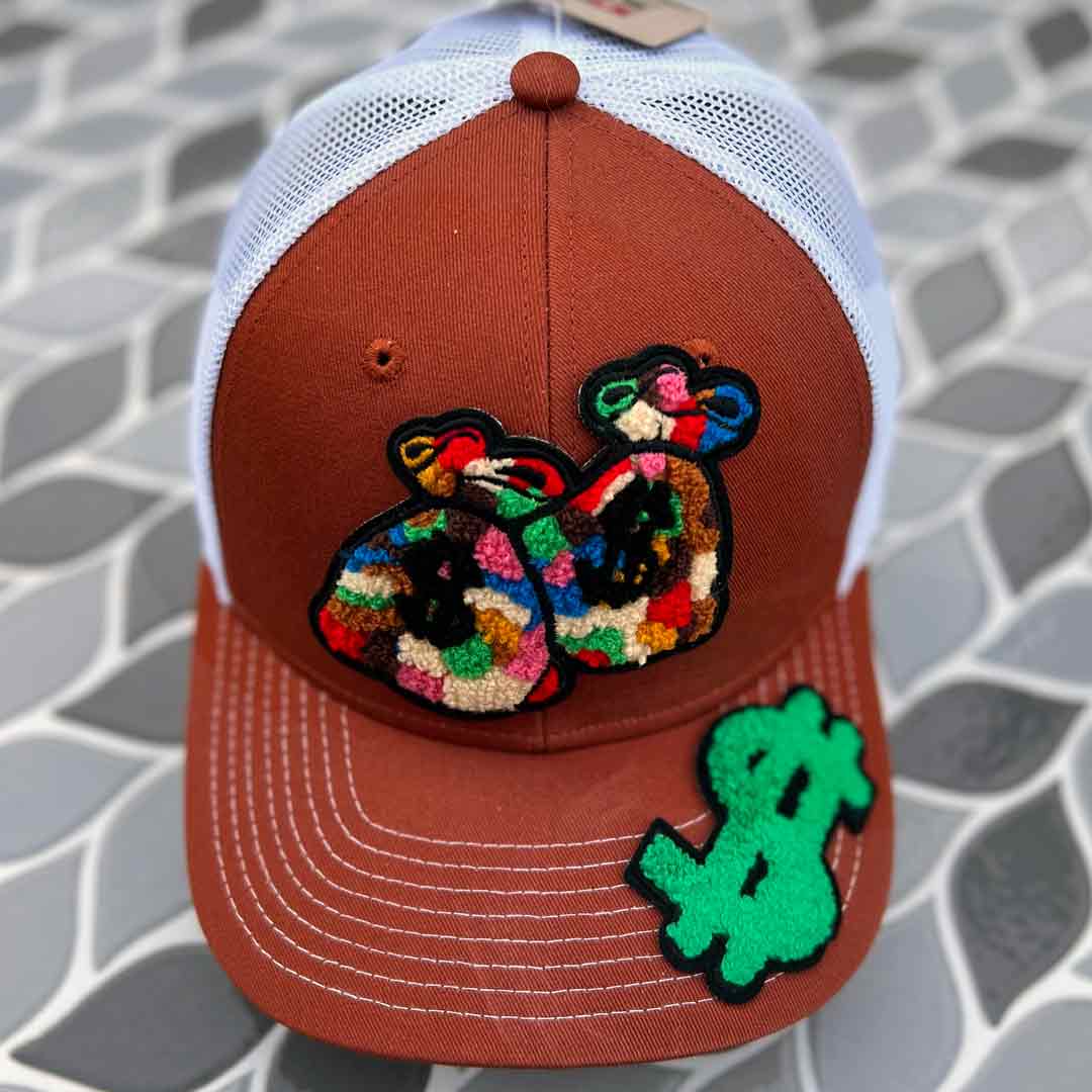 Money Bag & Dollar Sign Chenille Patched Mid Profile Trucker Hat - Rebel P Customs