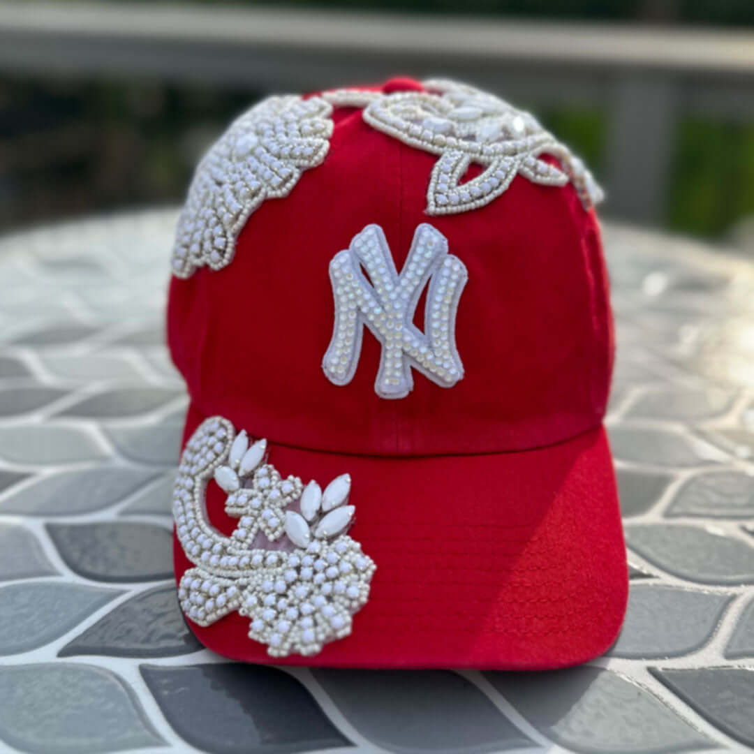 Custom Beaded White Crystal Glow In The Dark Applique New York Hat