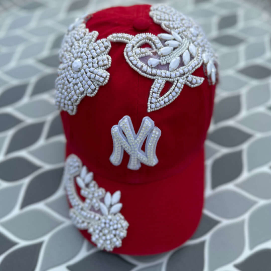 Custom Beaded White Crystal Applique Bling Hat
