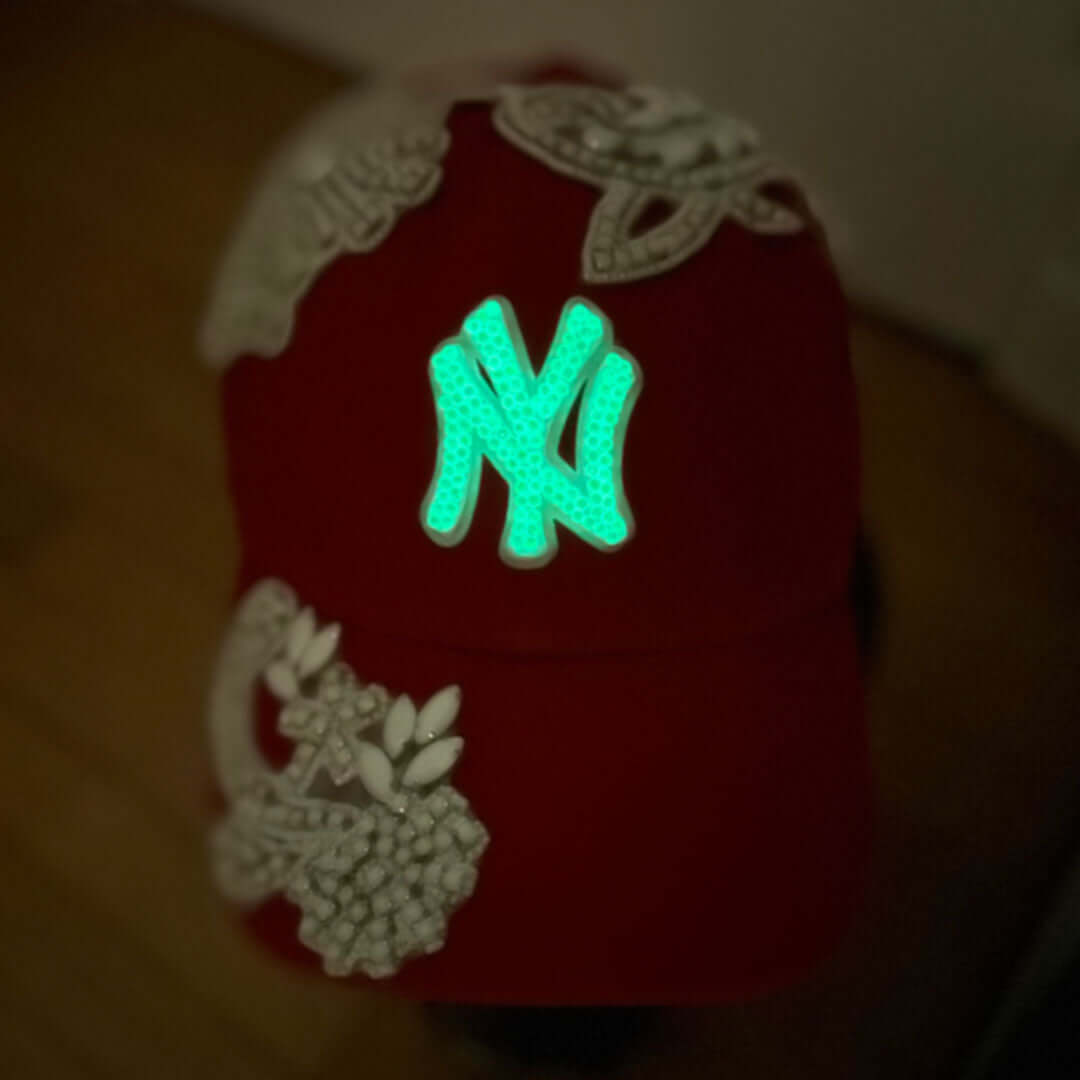 Custom Beaded White Crystal Glow In The Dark Applique New York Hat