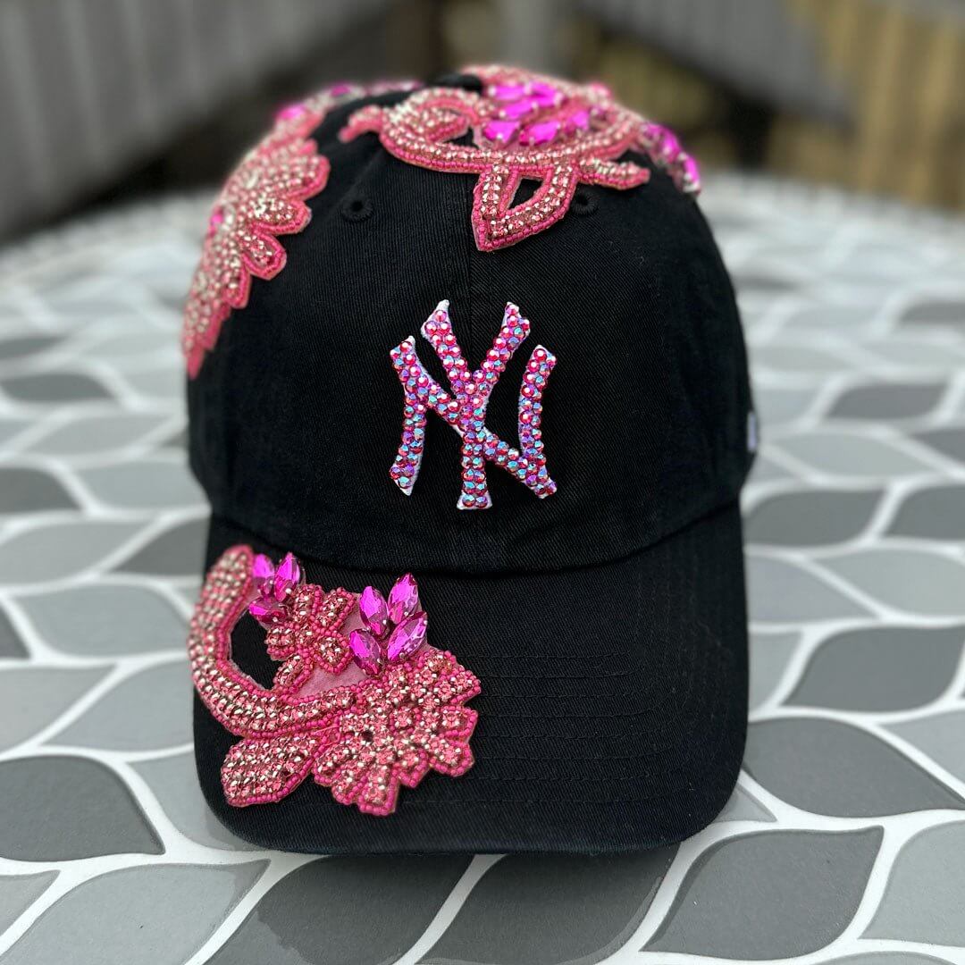 Pink Beaded Crystal Applique & Rhinestone New York Hat - Rebel P Customs