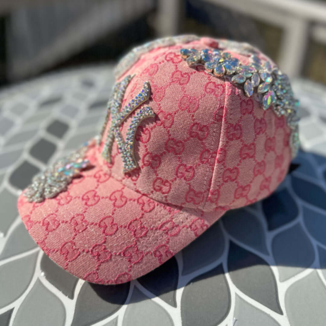 Custom Pink Beaded Crystal Applique New York Hat