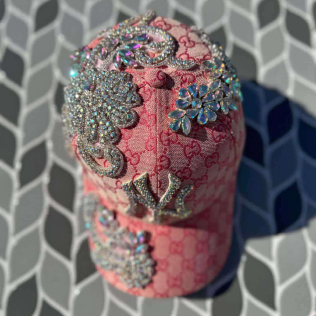 Custom Beaded Silver Crystal Applique Pink New York Hat