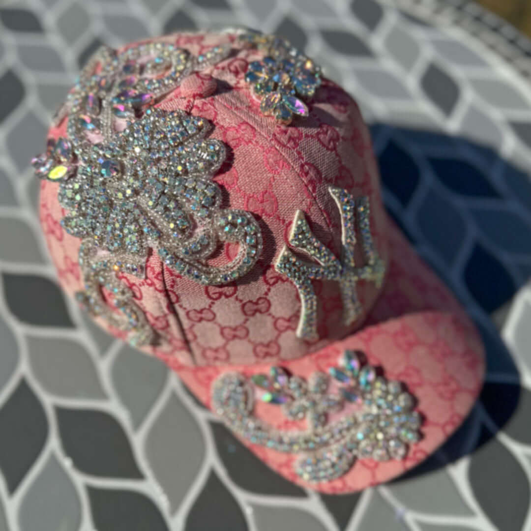 Custom Beaded Silver Crystal Applique Pink New York Hat